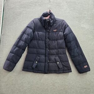 Hollister Women Jacket Large Blue Puffer Down Logo Pockets Mock Neck Full Zip